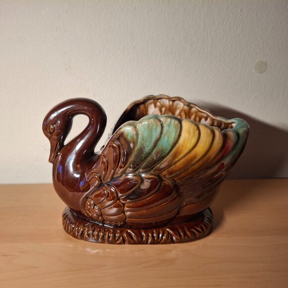 Vintage Japan Brown Drip Glaze Swan Planter Small Chip on Beak - Picture 1 of 5
